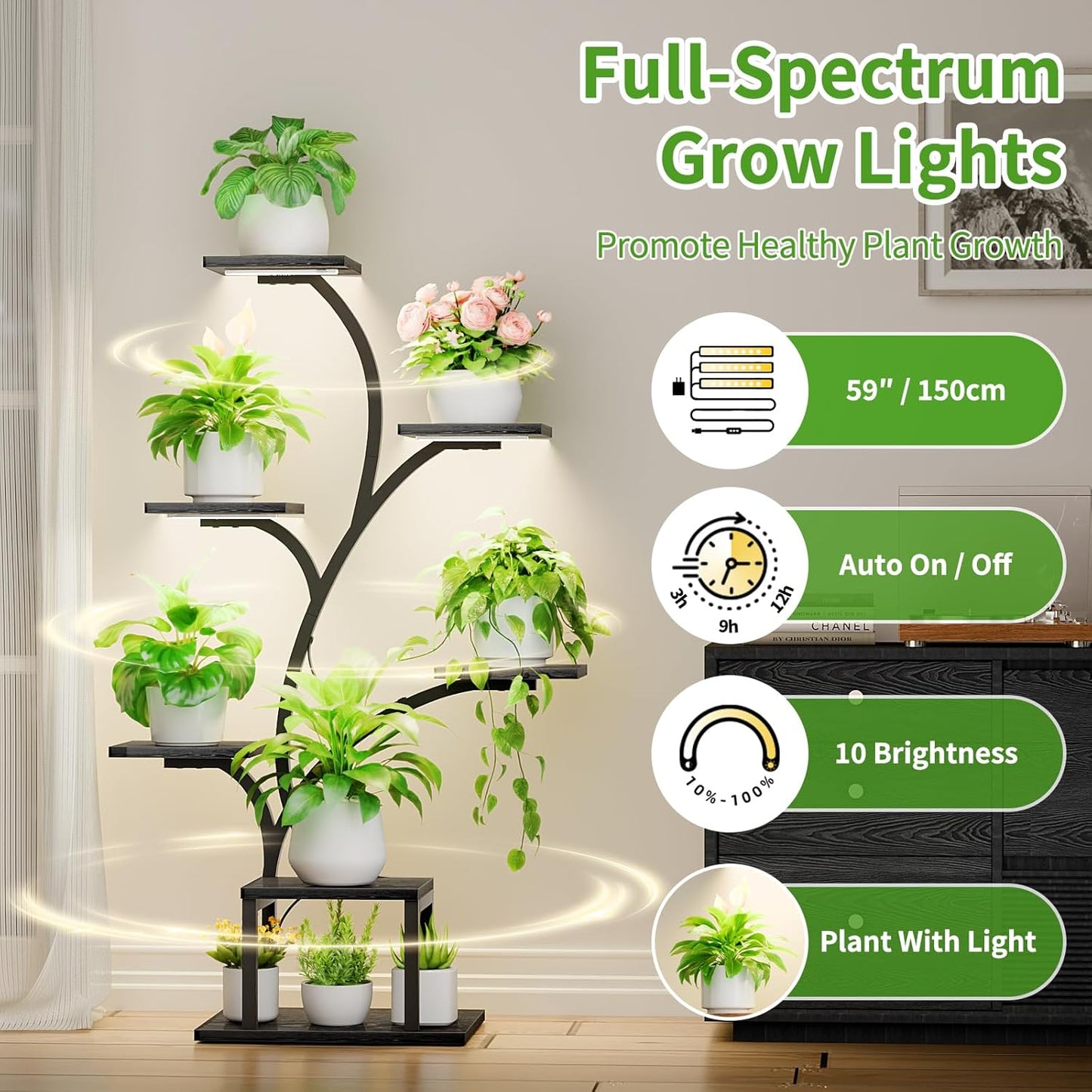 BACEKOLL Plant Stand Indoor with Grow Lights, 7 Tiered Indoor Plant Shelf, 49" Corner Plant Stands for Indoor Plants, Metal Plant Flower Display Shelf, Tree-Shaped Plant Rack for Home, Patio, Brown