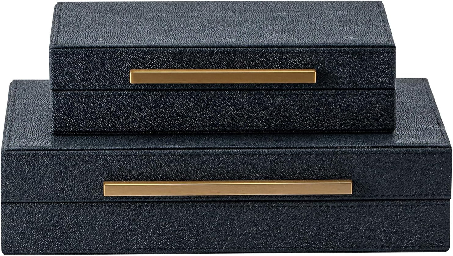 Set of 2 Beige Shagreen Decorative Storage Boxes with Gold Metal Handles – Faux Leather Jewelry & Memory Boxes, Nesting Photo Organizers for Home Decor