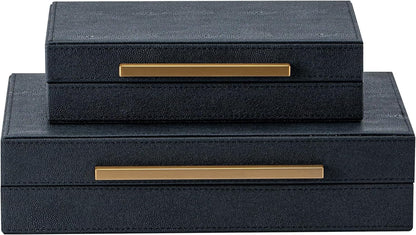 Set of 2 Beige Shagreen Decorative Storage Boxes with Gold Metal Handles – Faux Leather Jewelry & Memory Boxes, Nesting Photo Organizers for Home Decor