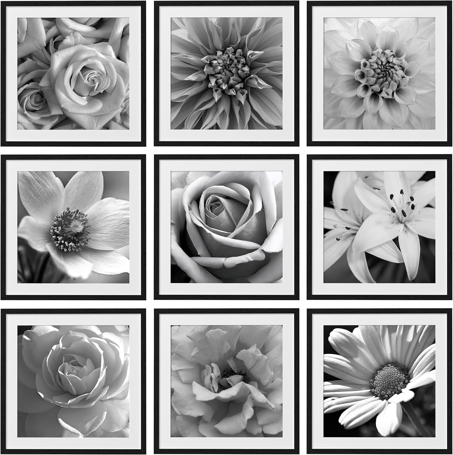 eletecpro 12x12 Picture Frames Set of 9 with Clear Acrylic Cover, Display 8x8 Photos with Mat or 12x12 Without, Classic and Sturdy Square Collage Gallery Wall Decor, Easy Wall Mount, Black