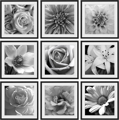 eletecpro 12x12 Picture Frames Set of 9 with Clear Acrylic Cover, Display 8x8 Photos with Mat or 12x12 Without, Classic and Sturdy Square Collage Gallery Wall Decor, Easy Wall Mount, Black