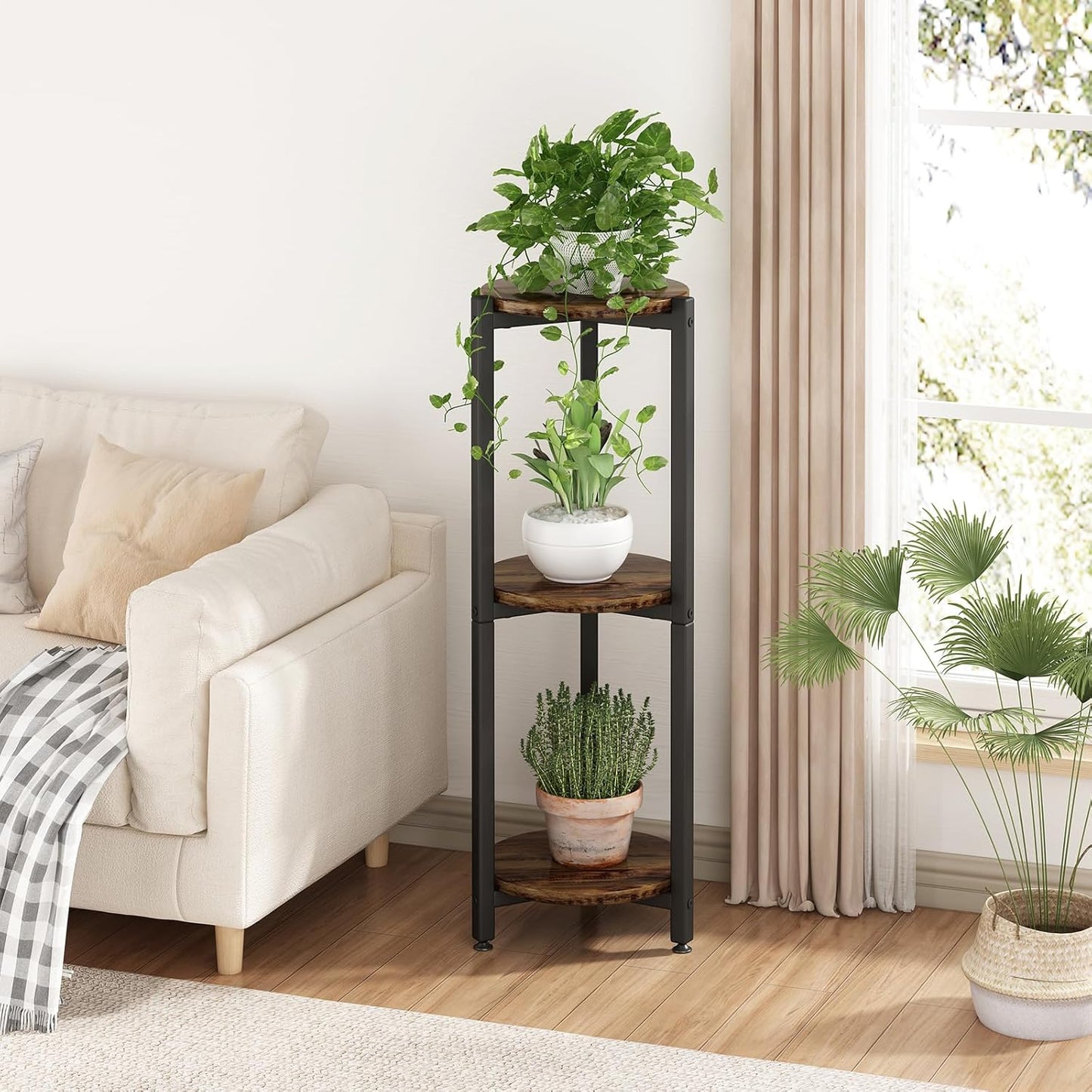 Plant Stand Indoor Corner Tall 2 Tier Metal Modern Flower Storage Plant Shelf Holder for Living Room Balcony Garden,Black (2 Tier-Black Round)