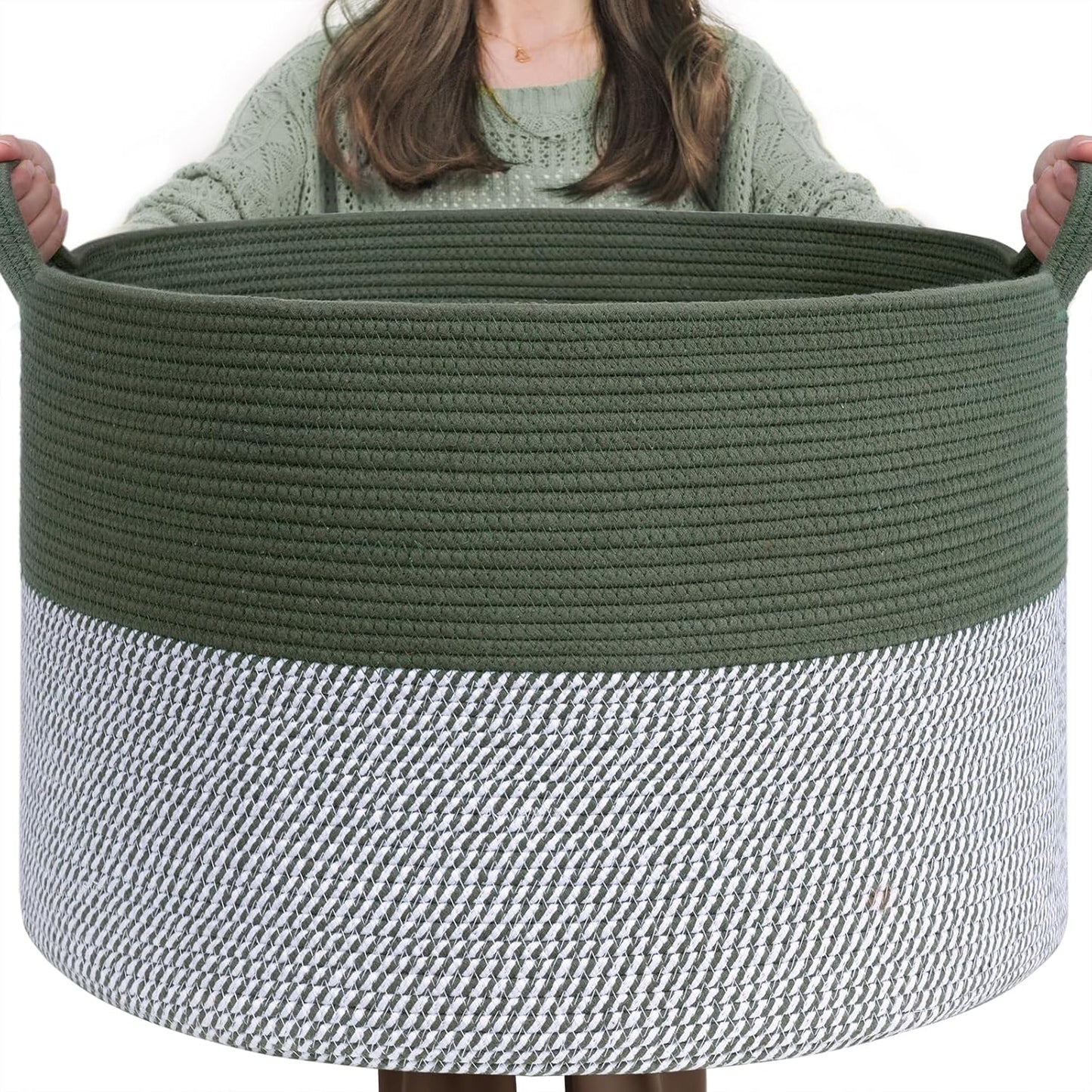 INDRESSME XXXLarge Blanket Basket for Living Room 21.7" x 21.7" x 13.8"-Storage Basket with Handle for Organizing Toy Pillows Woven Cotton Rope Laundry Basket Stuffed Animal Toy Storage for Play Room