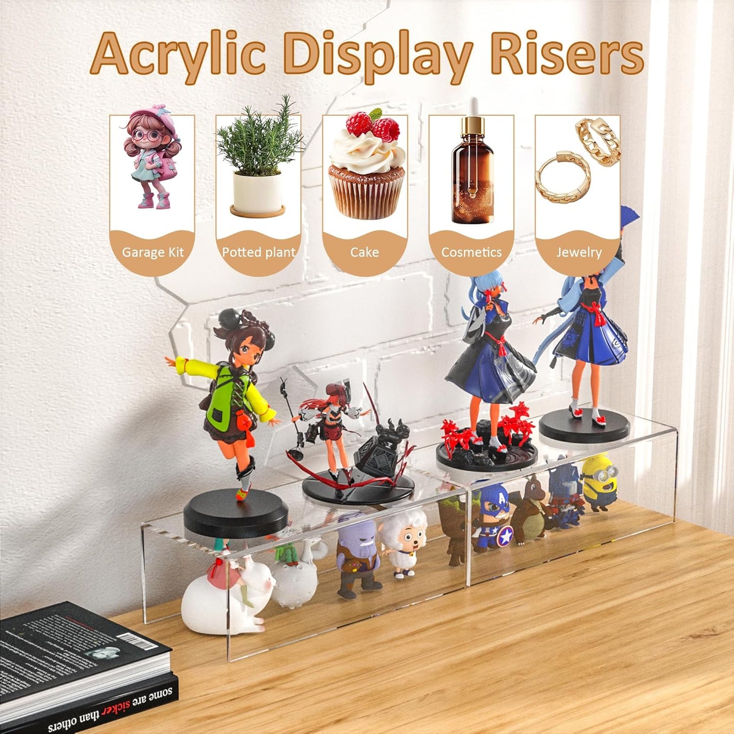 Sezanrpt Acrylic Shelf Riser 12x4.7x3 pack of 2, Desktop Rectangular Acrylic Tray Pedestal Stand for Funko Pop Figure, Bags, 12x4.7x3 Inch