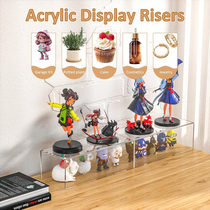 Sezanrpt Acrylic Shelf Riser 12x4.7x3 pack of 2, Desktop Rectangular Acrylic Tray Pedestal Stand for Funko Pop Figure, Bags, 12x4.7x3 Inch