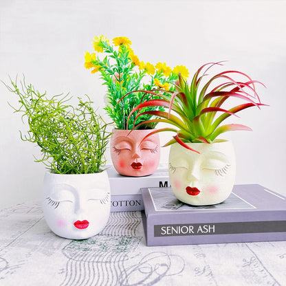 Handmade Face Flower Pots Standing Air Kiss Head Planter Pot for Trailing Plants Cute Succulent Planter Resin Planters Funny Face Planters with Anti-Friction Pads White 1Pack