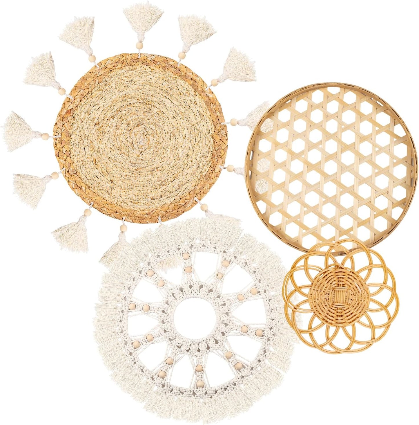 Boho Wall Basket Decor Set of 8 - Flat Woven Basket Wall Hanging Decor,Round Tassels White Macrame Tapestry Wall Decor Art,Handmade Rattan Wicker Seagrass Home Wall Baskets Decor（Boho Classic)