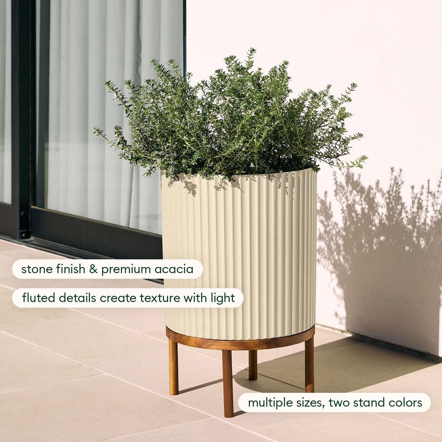 Veradek Demi Series Round Planter w/ Stand for Porch/Patio | Durable Plastic-Concrete & Wooden Stand | Modern Décor for Tall Plants, Flowers