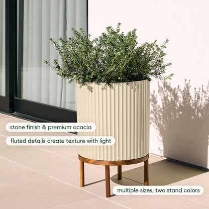 Veradek Demi Series Round Planter w/ Stand for Porch/Patio | Durable Plastic-Concrete & Wooden Stand | Modern Décor for Tall Plants, Flowers