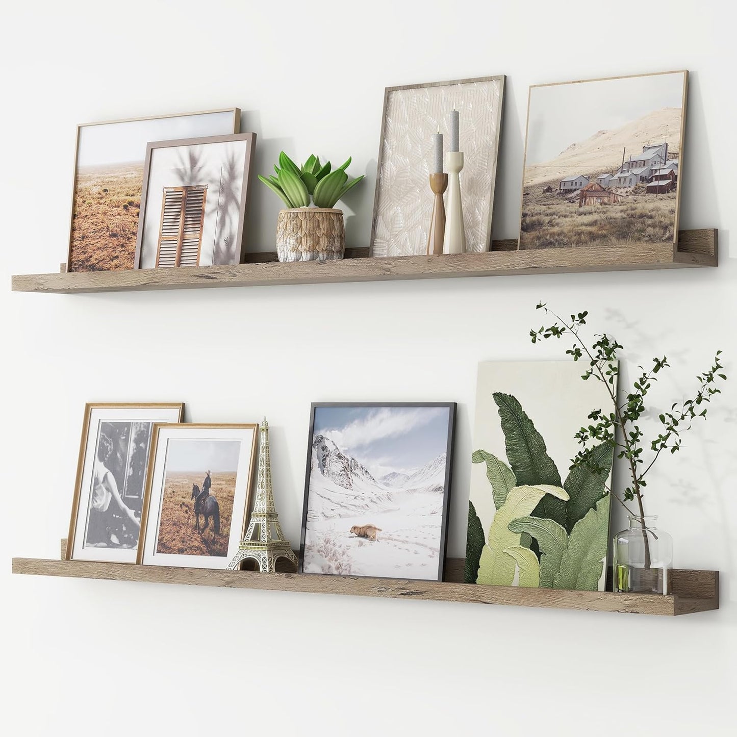 FLYJOE Picture Ledge Shelf, Floating Shelves Set of 2, 48 Inches Long Large Nursery Book Shelves for Toys Storage, Kids Bookshelf Wall Mounted for Living Room Bedroom Decor Books Photo Frames, Walnut