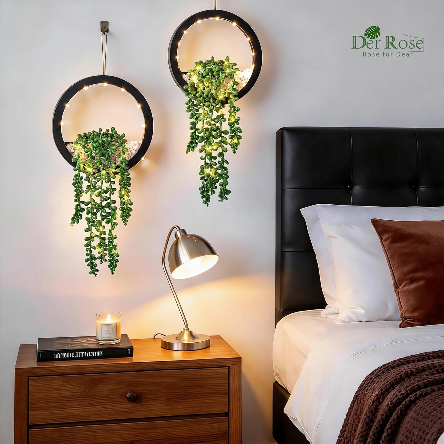 Der Rose 2 Pack Lighted Hanging Plants, Artificial String of Pearls Succulents with Warm LED Lights, Aesthetic Fake Plants for Black Bathroom Bedroom Living Room Wall Decor, Party & Gift for Women