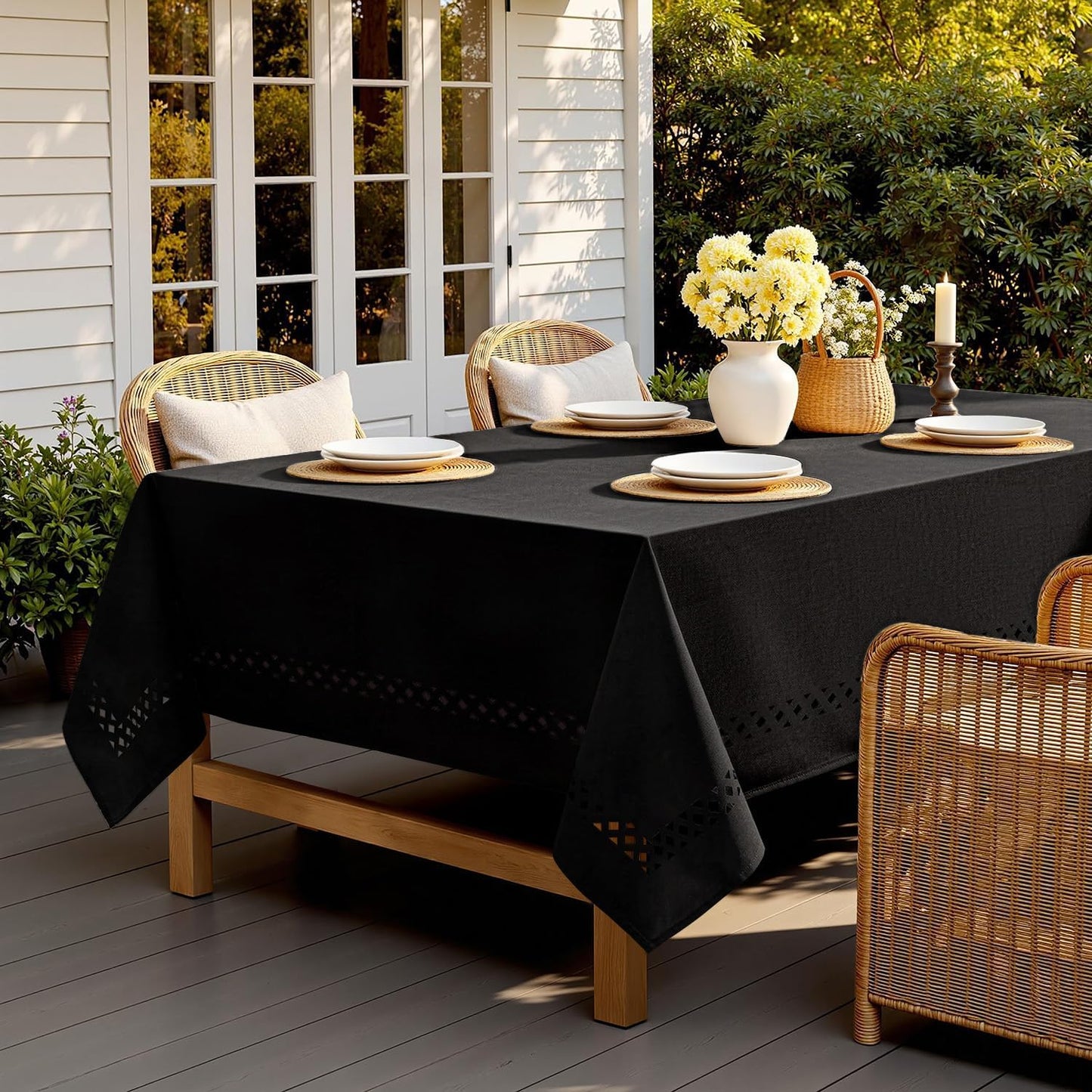 MIULEE Beige Rectangle Linen Polyester Tablecloth with Decorative Cutouts Spring Waterproof Stain Resistant & Shrink-Proof Table Cloth 52x70 inch Farmhouse Style for Dining Wedding and Outdoor
