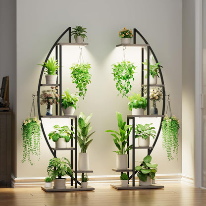 BACEKOLL Plant Stand Indoor with Grow Lights, 6 Tiered Tall Plant Shelf, 63" Metal Plant Stand for Indoor Plants Multiple, Half-Moon Plant Rack Display Shelf, 2 Pcs Plant Holder for Living Room, Patio