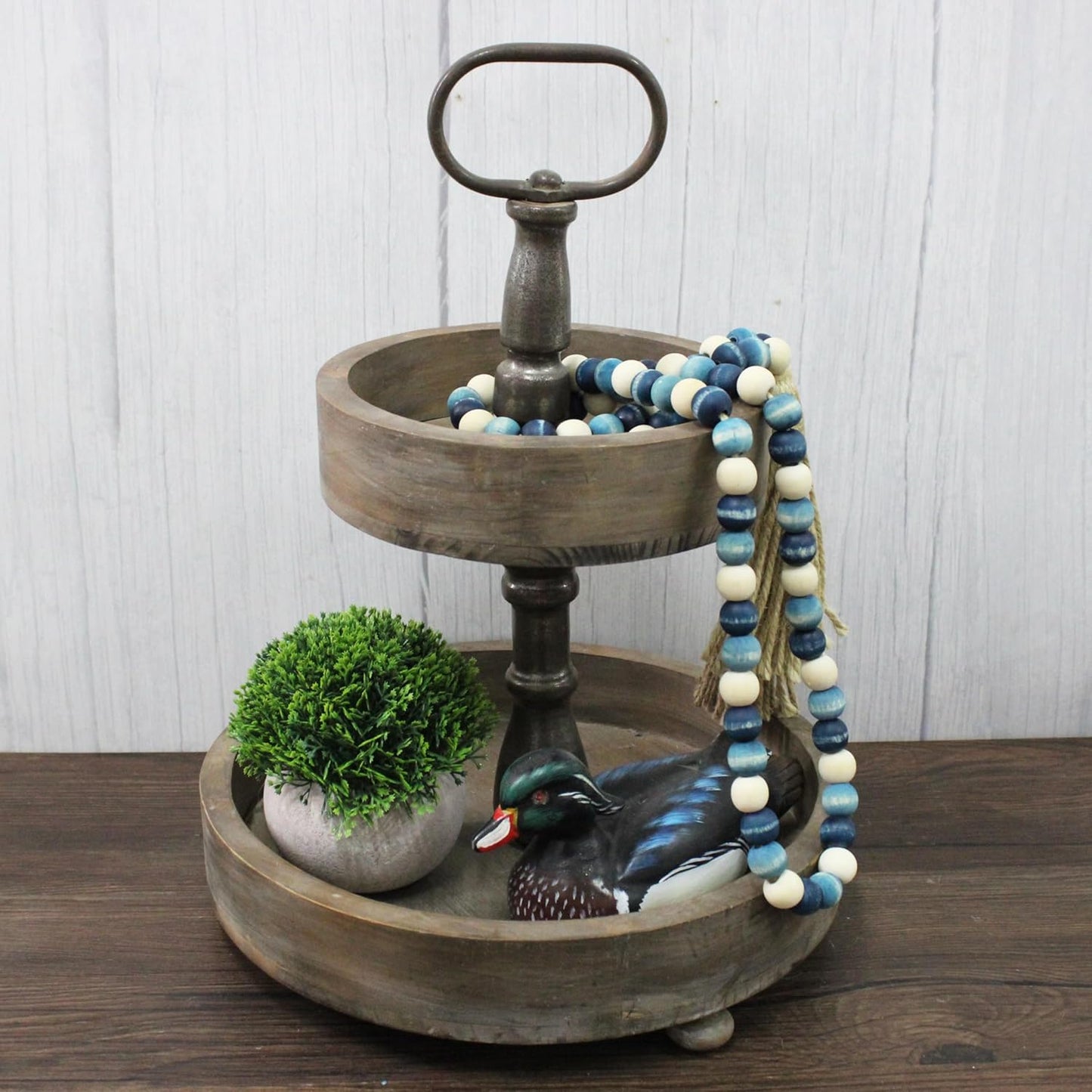 CVHOMEDECO. Wood Beads Garland with Tassels Farmhouse Rustic Wooden Prayer Bead String Wall Hanging Accent for Home Festival Decor. Mix Distressed