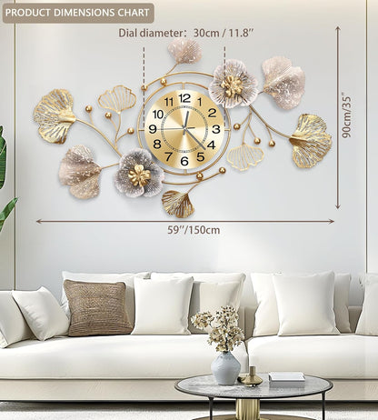 Clocks for Living Room, Large Wall Clock, 3D Silent Wall Clock, Retro Metal Ginkgo Leaf Design, for Bedroom Kitchen Decorative Wall Clocks（32''x18'' ）