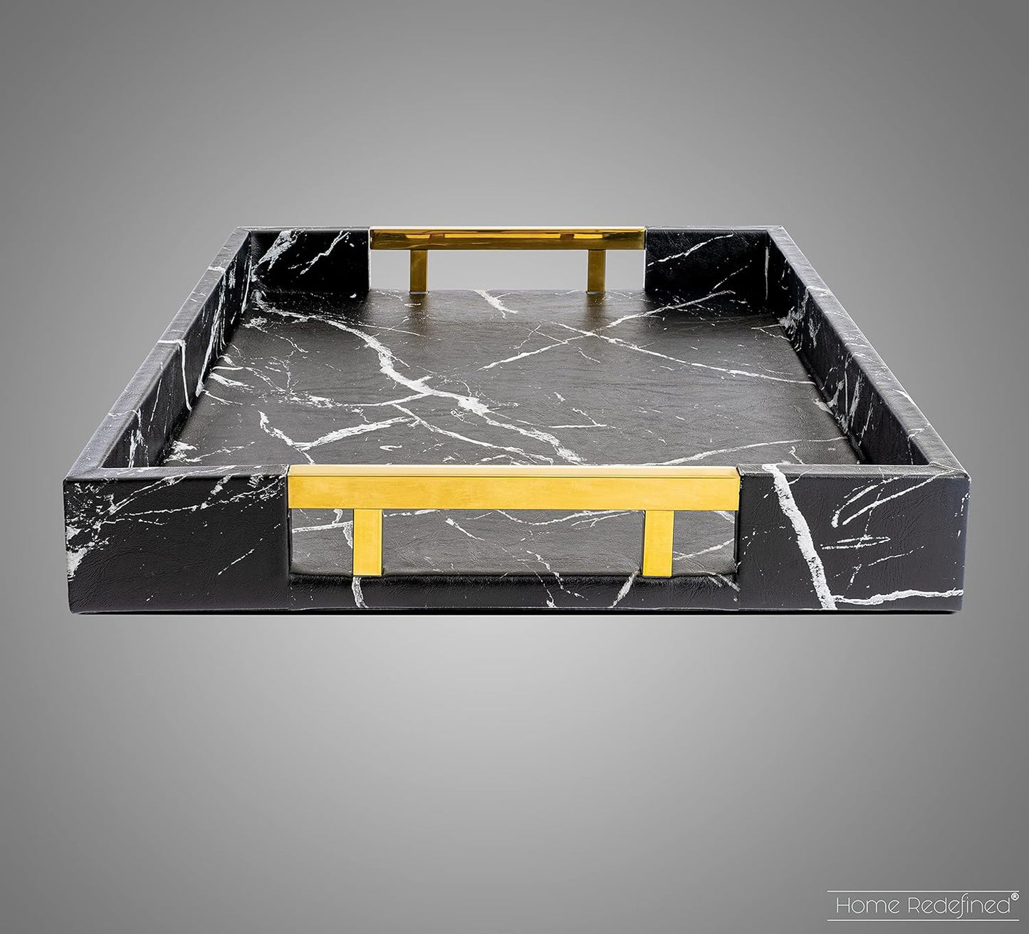 Home Redefined Beautiful Modern Elegant 17.5"x12" Rectangle Classic Black Faux Leather Decorative Tray Ottoman Coffee Table Perfume Living Room Kitchen Serving Tray with Handles for All Occasion's