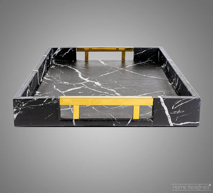 Home Redefined Beautiful Modern Elegant 17.5"x12" Rectangle Classic Black Faux Leather Decorative Tray Ottoman Coffee Table Perfume Living Room Kitchen Serving Tray with Handles for All Occasion's