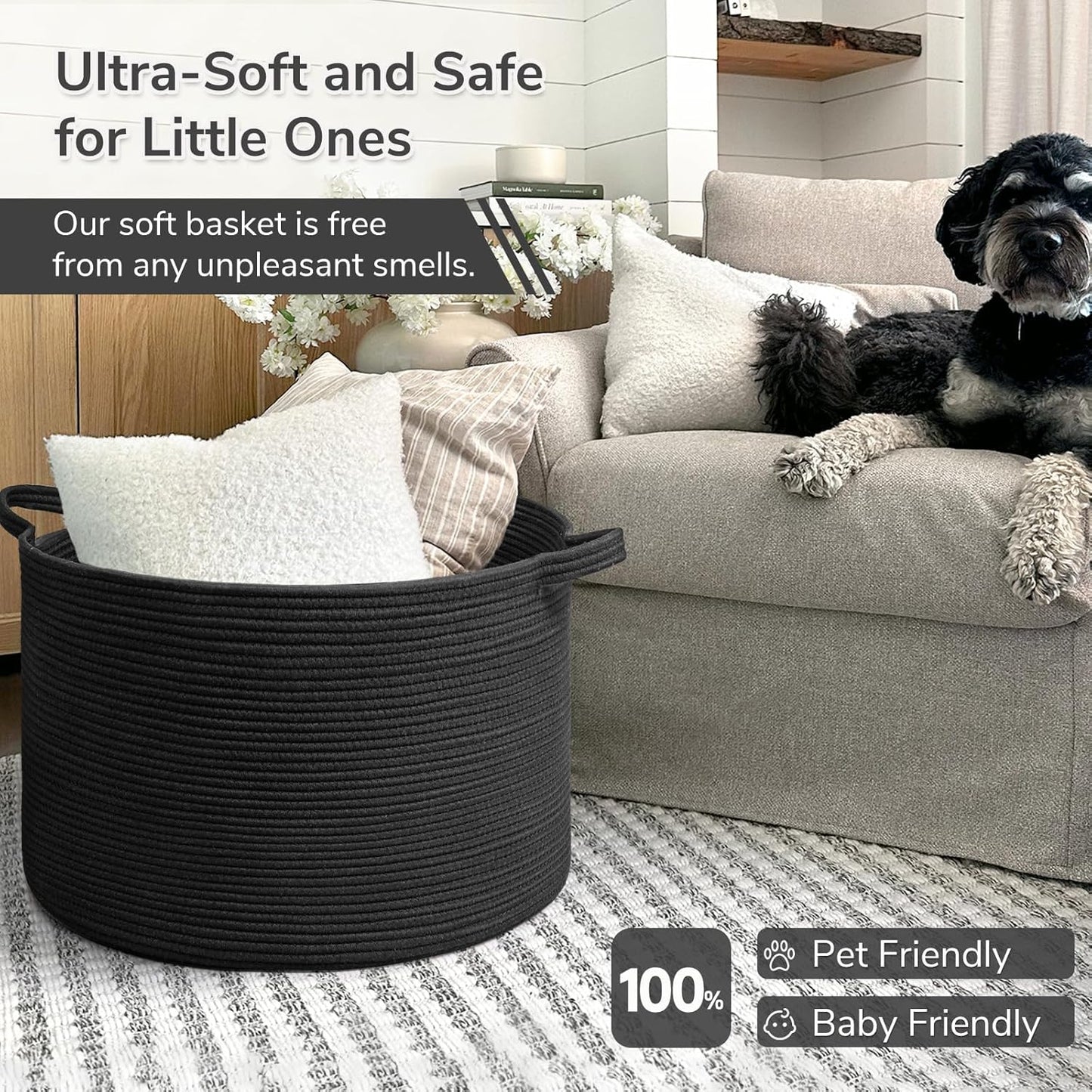INDRESSME XXXLarge Blanket Basket for Living Room 21.7" x 21.7" x 13.8"-Storage Basket with Handle for Organizing Toy Pillows Woven Cotton Rope Laundry Basket Stuffed Animal Toy Storage for Play Room