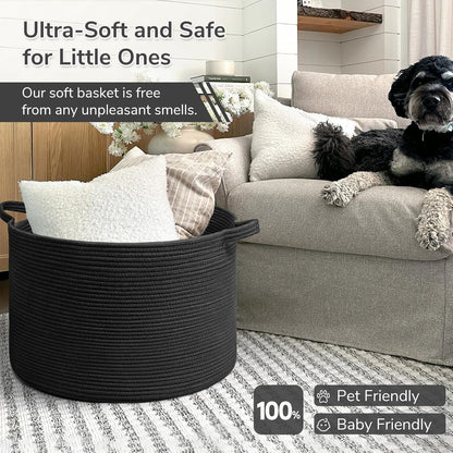 INDRESSME XXXLarge Blanket Basket for Living Room 21.7" x 21.7" x 13.8"-Storage Basket with Handle for Organizing Toy Pillows Woven Cotton Rope Laundry Basket Stuffed Animal Toy Storage for Play Room