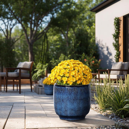LuxenHome 15.75" Dia Large Ceramic Pots for Plants, Blue Glazed Planters for Outdoor Plants, Round Indoor Flower Pots with Drainage Hole and Rubber Plug for Home Garden Patio