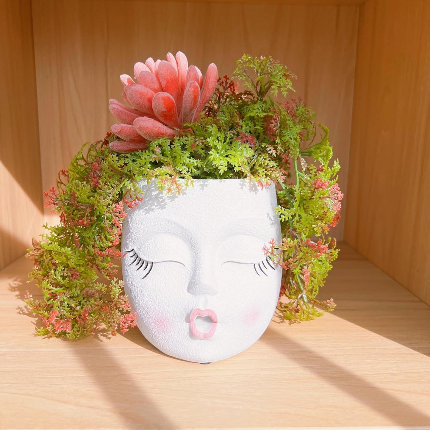 Handmade Face Flower Pots Standing Air Kiss Head Planter Pot for Trailing Plants Cute Succulent Planter Resin Planters Funny Face Planters with Anti-Friction Pads White 1Pack