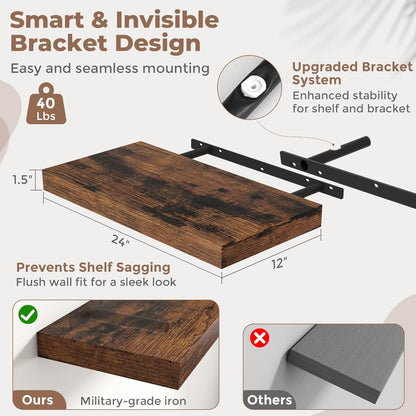 72 Inch Long Floating Shelves for Wall Set of 2, 12"D Wood Grain Bathroom Shelves with Invisible Brackets, Easy Install Engineered Wood Storage Shelves for Kitchen, Living Room, Bedroom, Black Finish