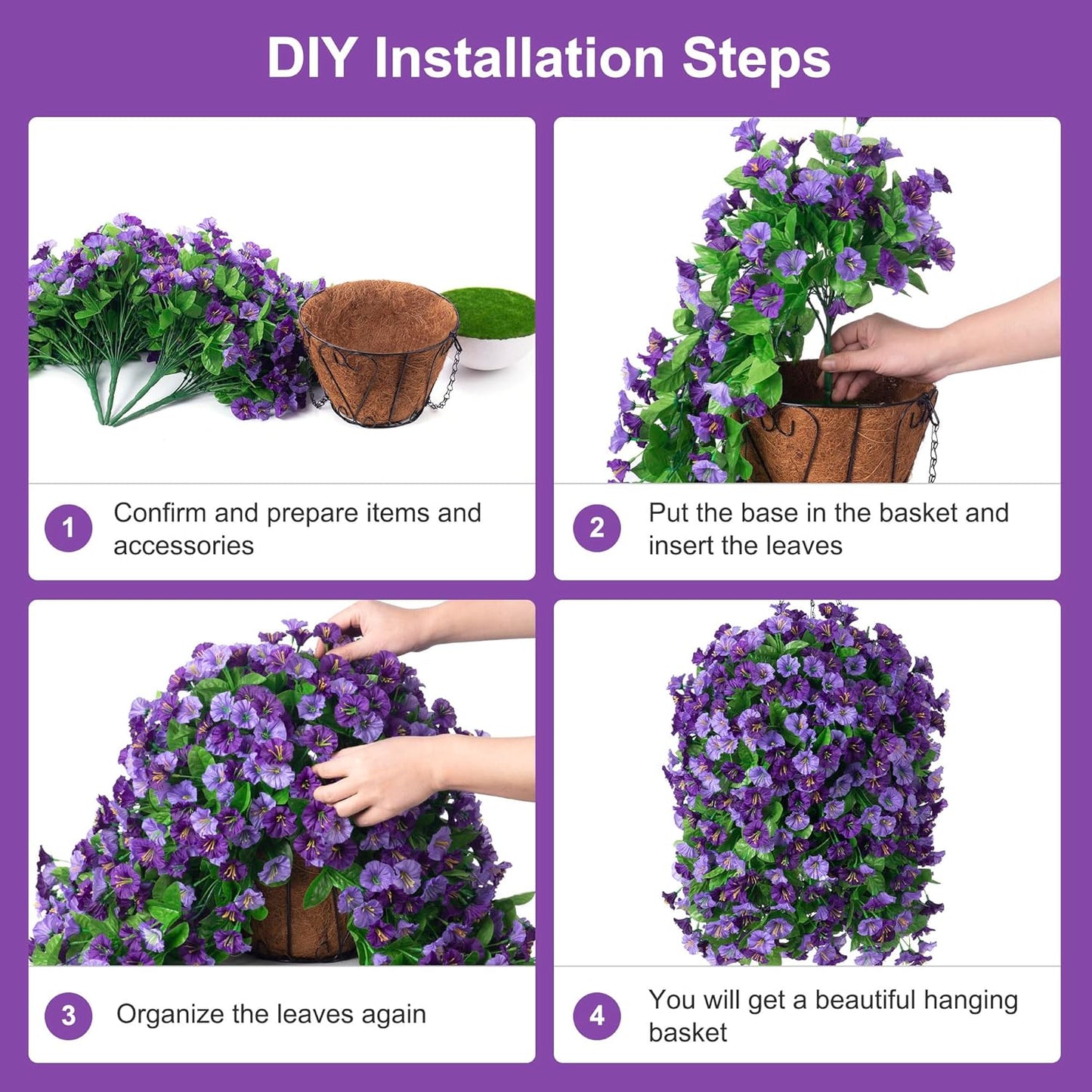 INXUGAO Artificial Flowers with Hanging Basket, Outdoor Faux Plants Silk Morning Glory Vines, Fake Green Arrangement for Garden Patio Spring Summer Decor(4pcs,Darkorchid)