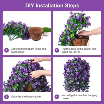 INXUGAO Artificial Flowers with Hanging Basket, Outdoor Faux Plants Silk Morning Glory Vines, Fake Green Arrangement for Garden Patio Spring Summer Decor(4pcs,Darkorchid)