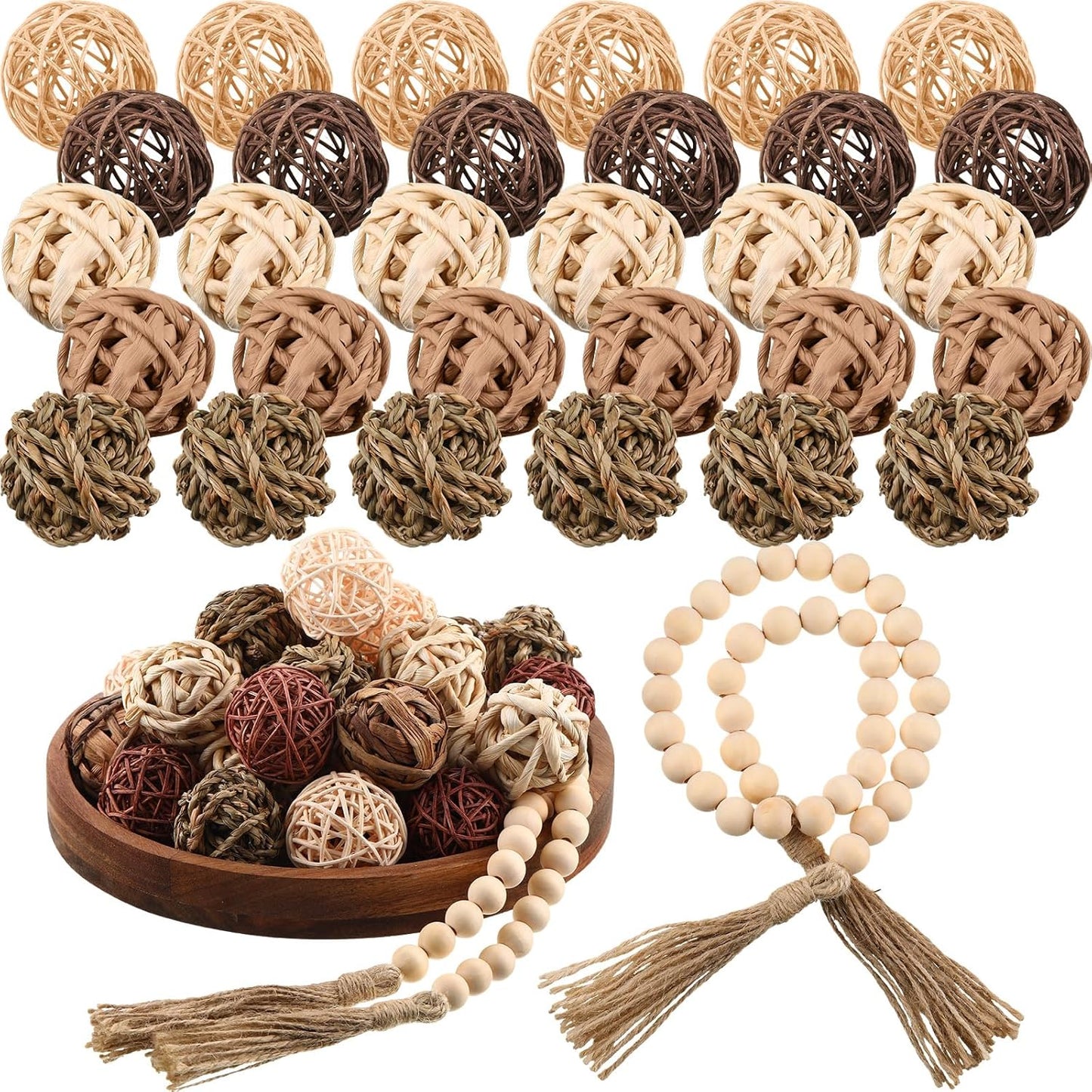 Halloscume 31 Pcs Wicker Rattan Decorative Balls with 30.3 Inch Wood Bead Garland Centerpiece Bowls Orbs Vase Fillers Wall Hanging Decor for Summer Home Farmhouse Wedding Party(Black)