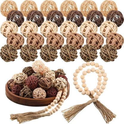 Halloscume 31 Pcs Wicker Rattan Decorative Balls with 30.3 Inch Wood Bead Garland Centerpiece Bowls Orbs Vase Fillers Wall Hanging Decor for Summer Home Farmhouse Wedding Party(Black)