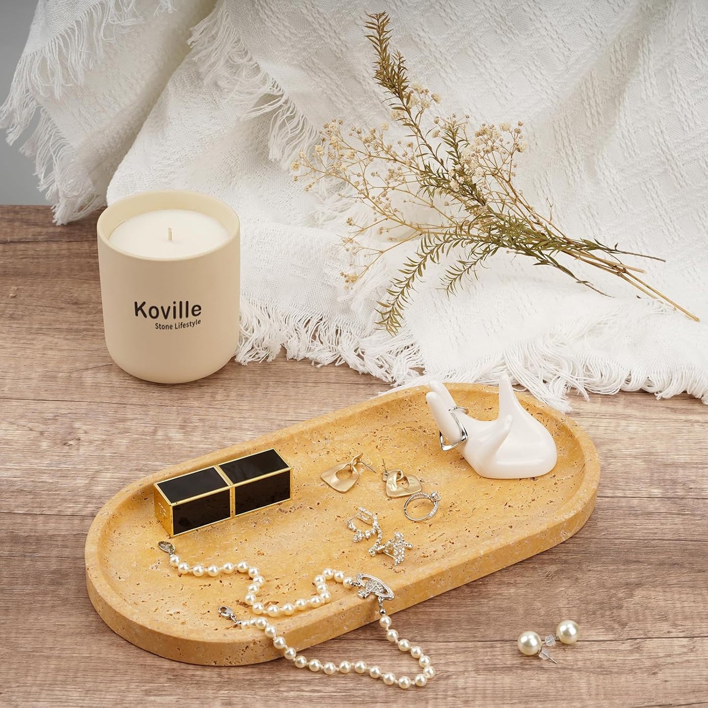 Koville Italian Travertine Tray, 12"x6" Vanity Decorative Marble Tray for Countertop, Catchall Tray for Perfume, Candles, Jewelry Dish Tray