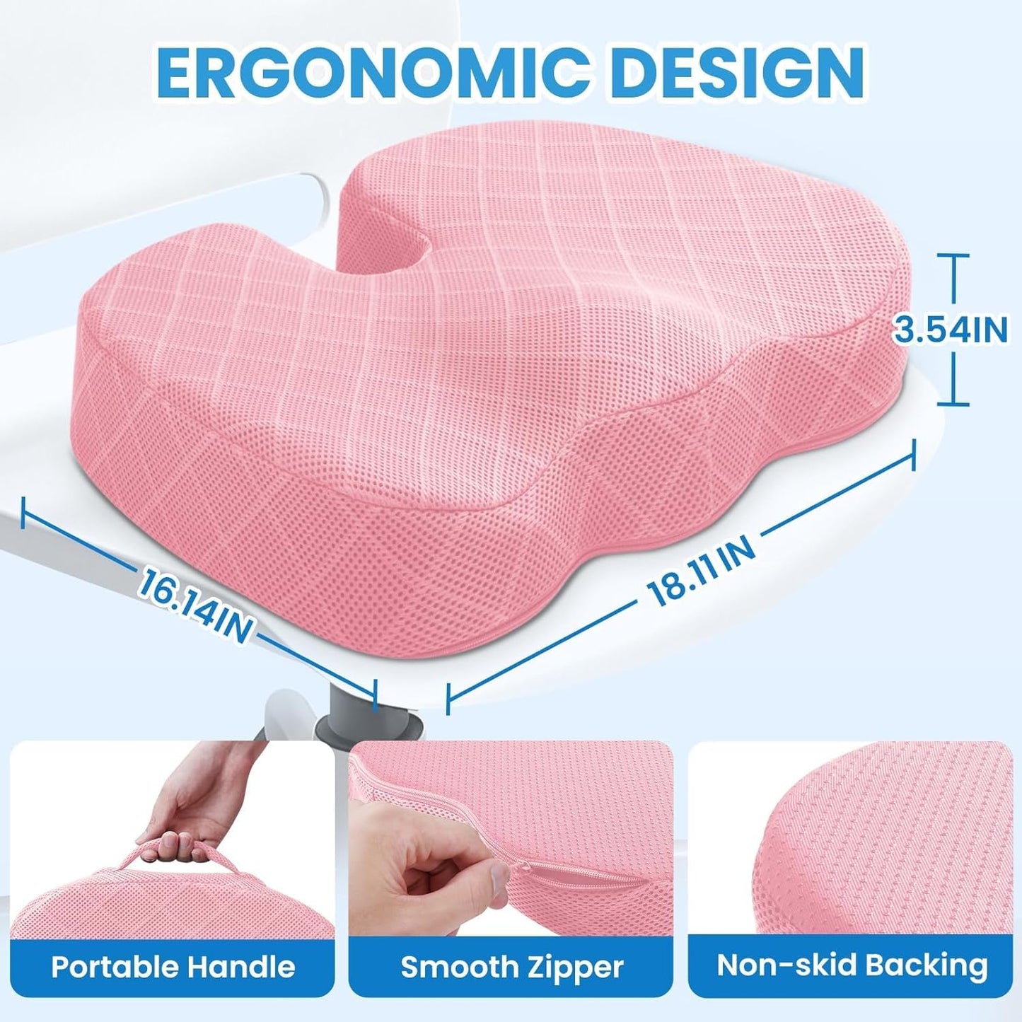 TushGuard Seat Cushion - Memory Foam Cushion for Office Chair, Car Seat, Airplane, Bleacher - Sciatica & Hip & Coccyx Pain Relief Desk Chair Cushion for Long Sitting Office Workers, Car Drivers
