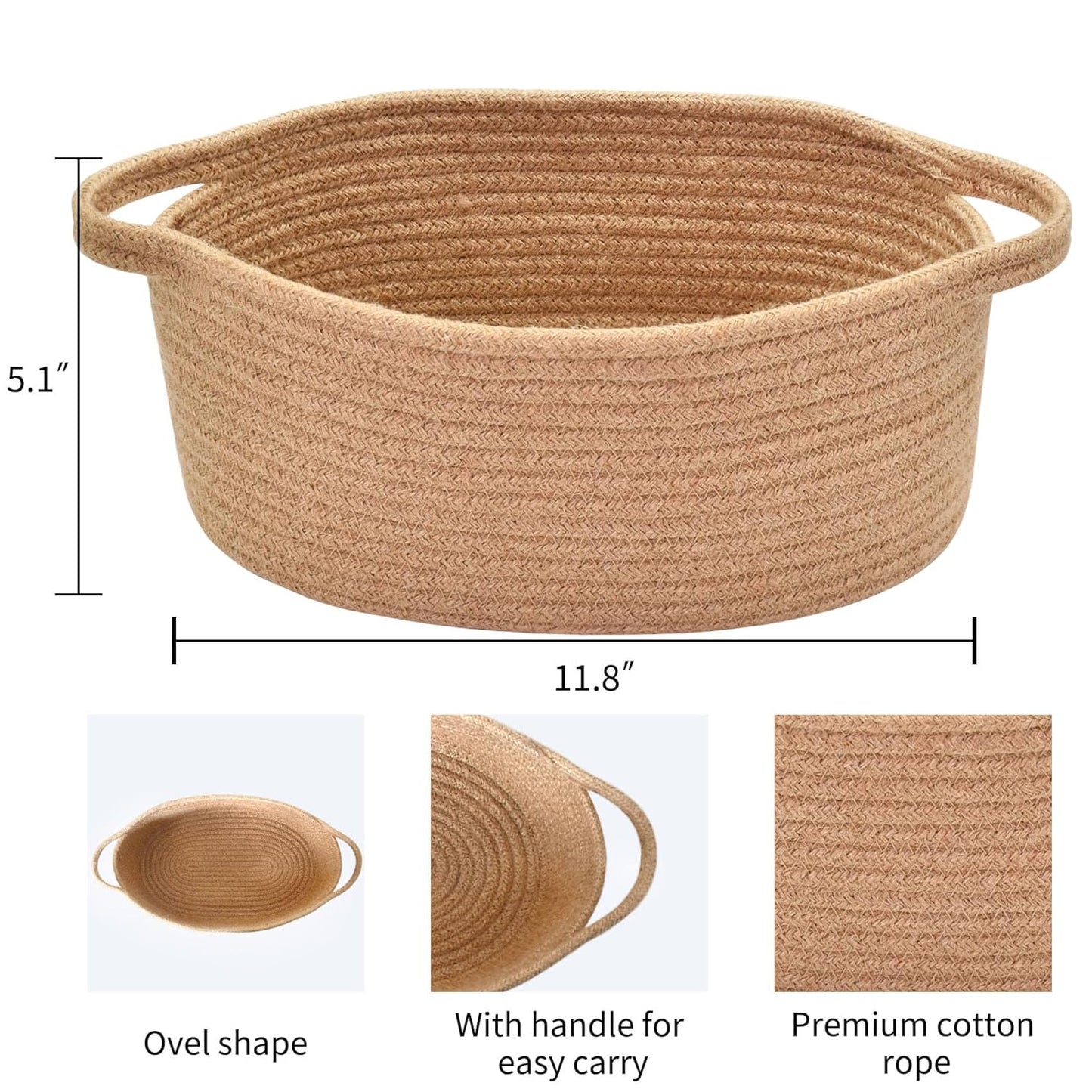 ABenkle Small Basket with Handles, Boho Decorative Rope Woven Dog Cat Toy Storage Bin Shelf Storage Organizer, Easter Christmas Gift Basket, 12"x8"x5", White