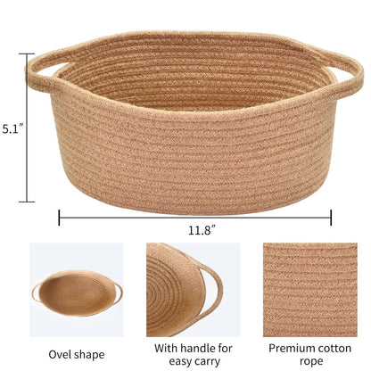 ABenkle Small Basket with Handles, Boho Decorative Rope Woven Dog Cat Toy Storage Bin Shelf Storage Organizer, Easter Christmas Gift Basket, 12"x8"x5", White