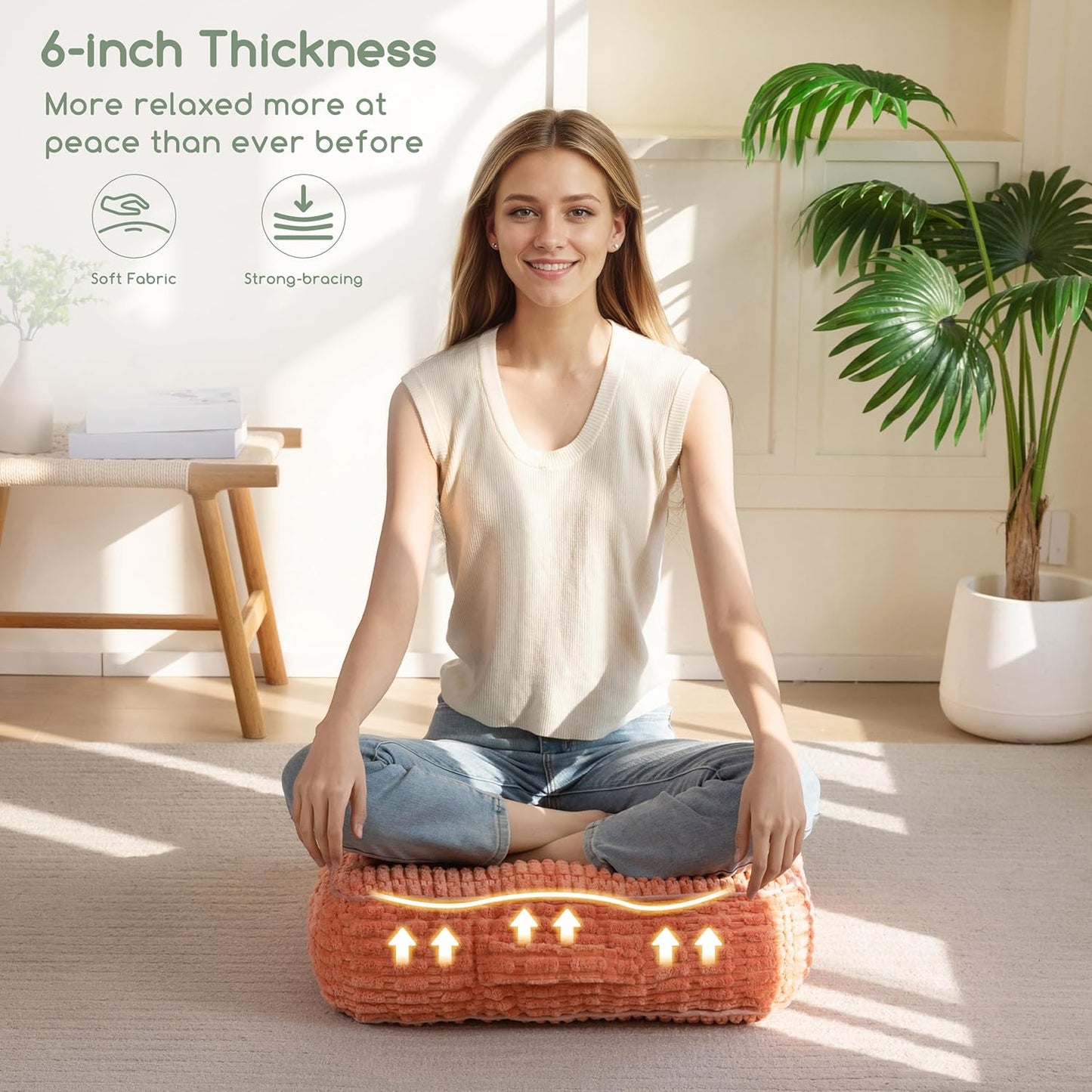 HIGOGOGO Floor Pillow Cushion for Adults, Meditation Cushion Pillow, Blended Corduroy Cover, Large Square Floor Sitting for Tatami Living Room or Yoga, 22x22 Inch, Beige