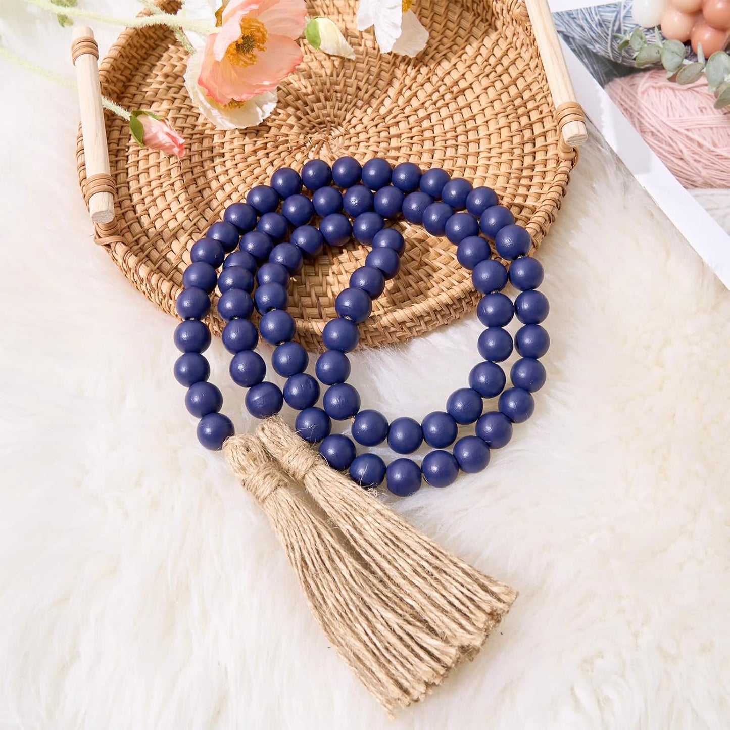 OMISHE 59in Wood Bead Garland with Tassels, Decorative Beads, Farmhouse Wooden Beads Garland for Wall Hanging Home Festival Decor, Aqua, Teal