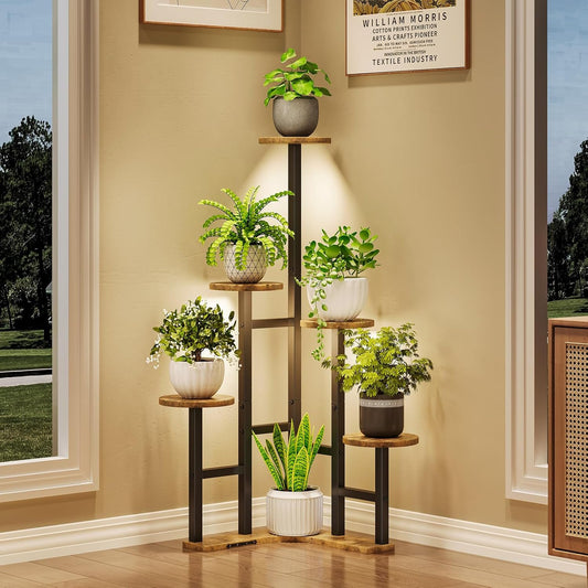 Yzosvki Corner Plant Stand Indoor, 6 Tiered Corner Plant Shelf Flower Stand for Multiple Plants, Plant Shelves Organizer Rack for Living Room, Balcony, Patio, Garden, Square Rustic Brown