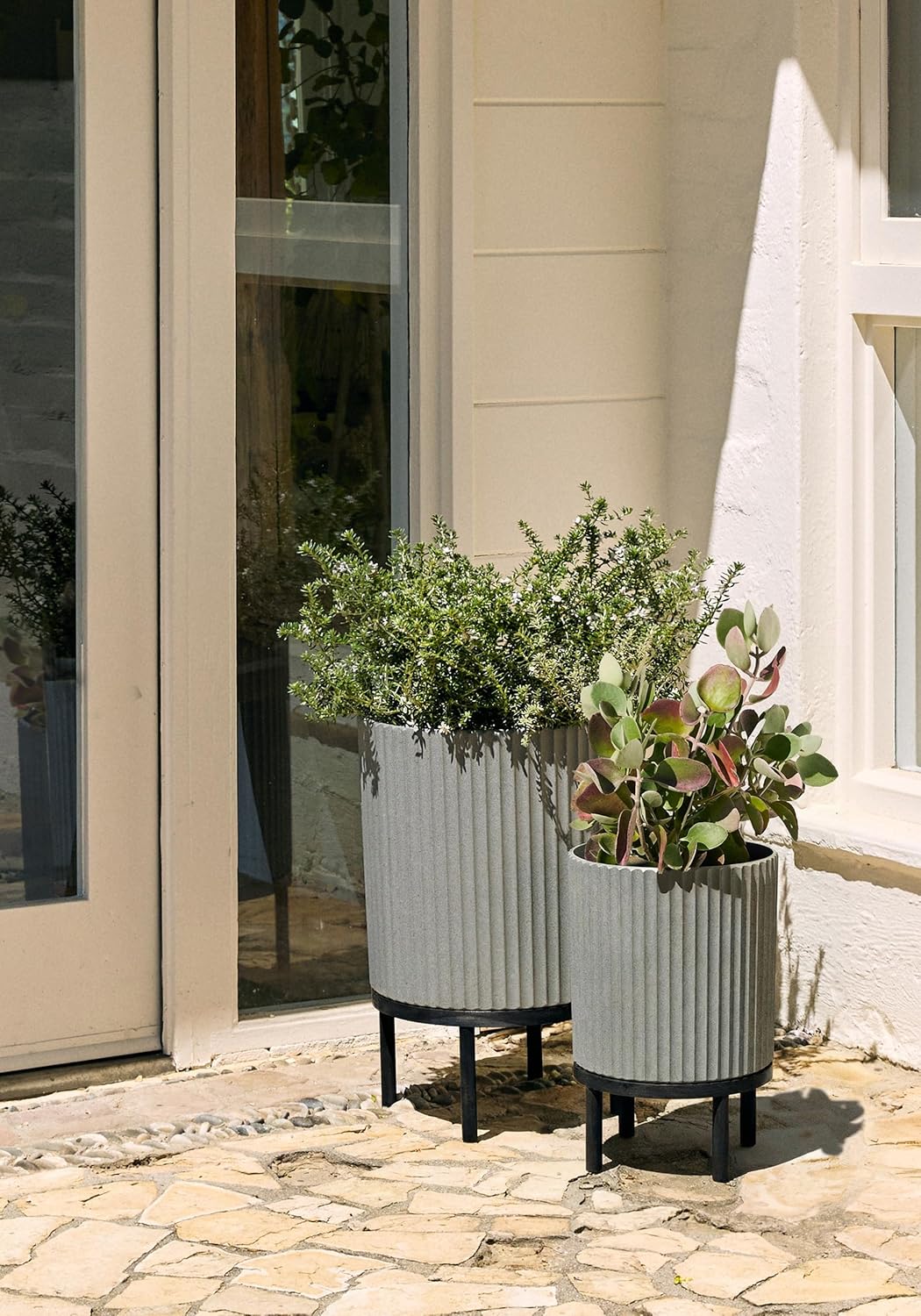 Veradek Demi Series Round Planter w/ Stand for Porch/Patio | Durable Plastic-Concrete & Wooden Stand | Modern Décor for Tall Plants, Flowers
