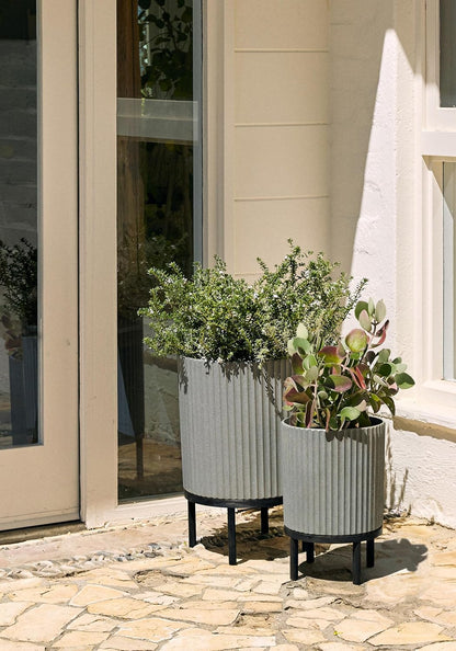 Veradek Demi Series Round Planter w/ Stand for Porch/Patio | Durable Plastic-Concrete & Wooden Stand | Modern Décor for Tall Plants, Flowers
