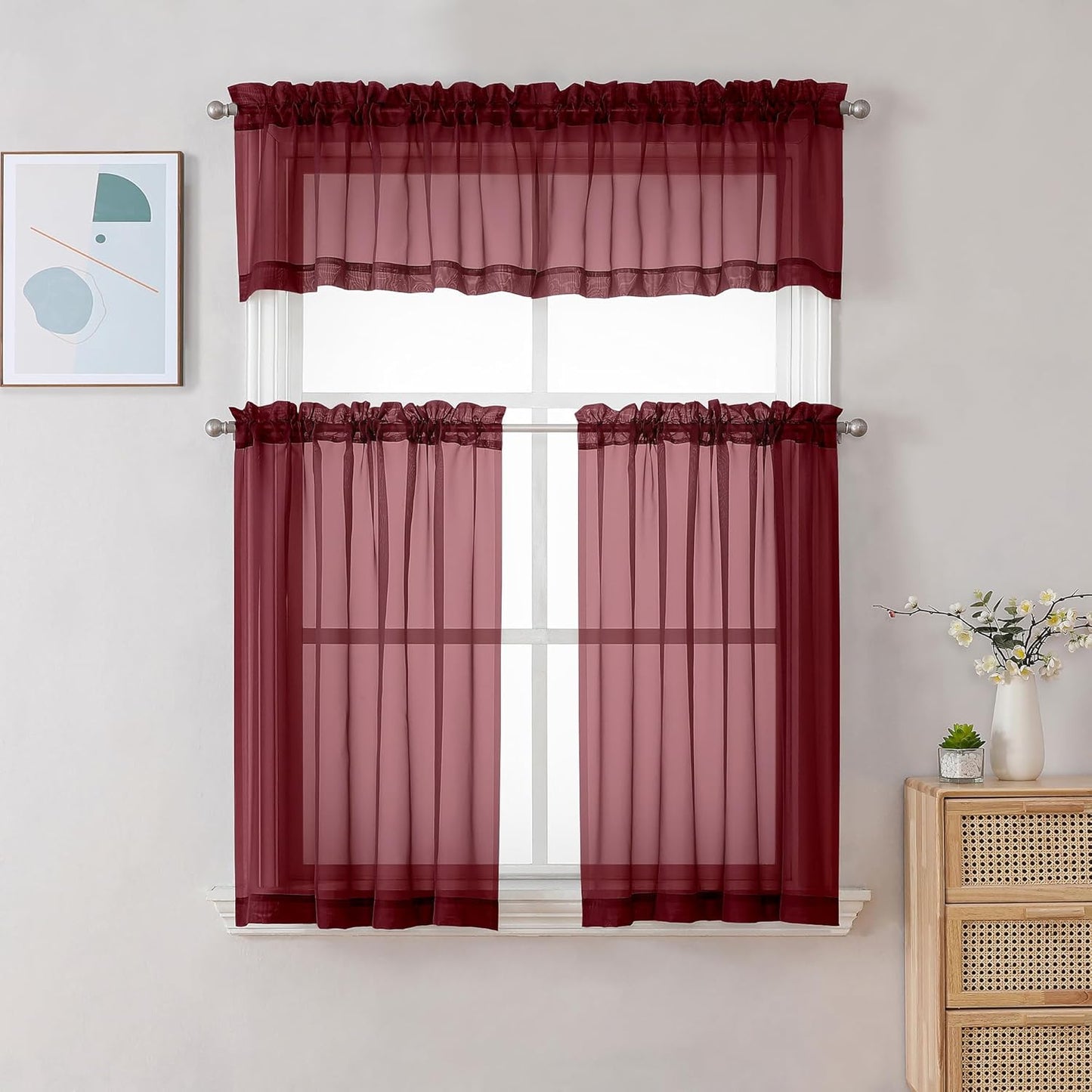 Chyhomenyc Sheer White Valances for Windows 2 Pack, Small Window Curtains for Living Room Bathroom Cafe Laundry Basement, Modern Top Dual Rod Pocket Voile Curtain, 42W x 14L inches, White - Colors A