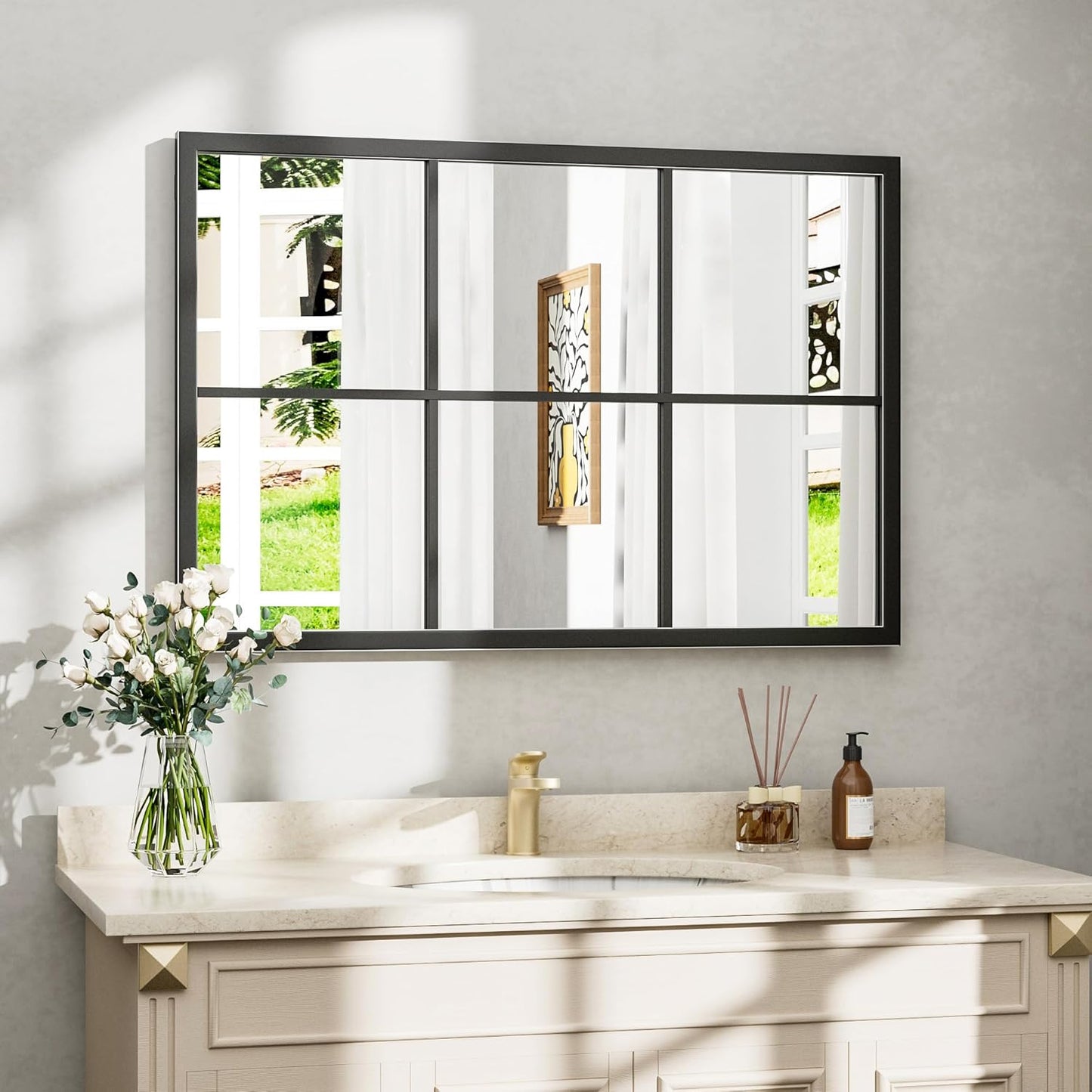 Dewfig 65"x 22" Arched Window pane Full Length Mirror, Wall Mirror, Floor Standing Mirrors, Farmhouse Long Full Body Mirrors Wall Mounted for Living Room, Bedroom, Entryway, Fireplace, Black