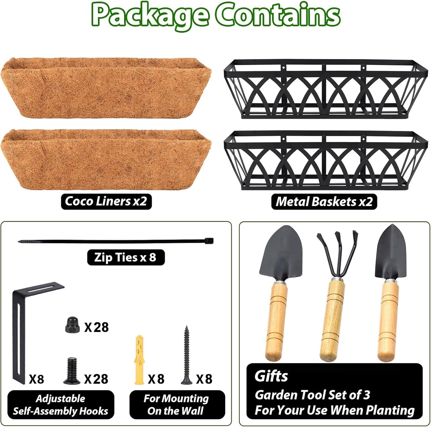 LCHUANG Deck Railing Planter Window Box - 3 Pack 24 Inch Deck Balcony Rail Planter with Coconut Coir Liner, Fence Metal Hanging Flower Planter Basket Deck Railing Planter Boxes for Outdoor Lawn
