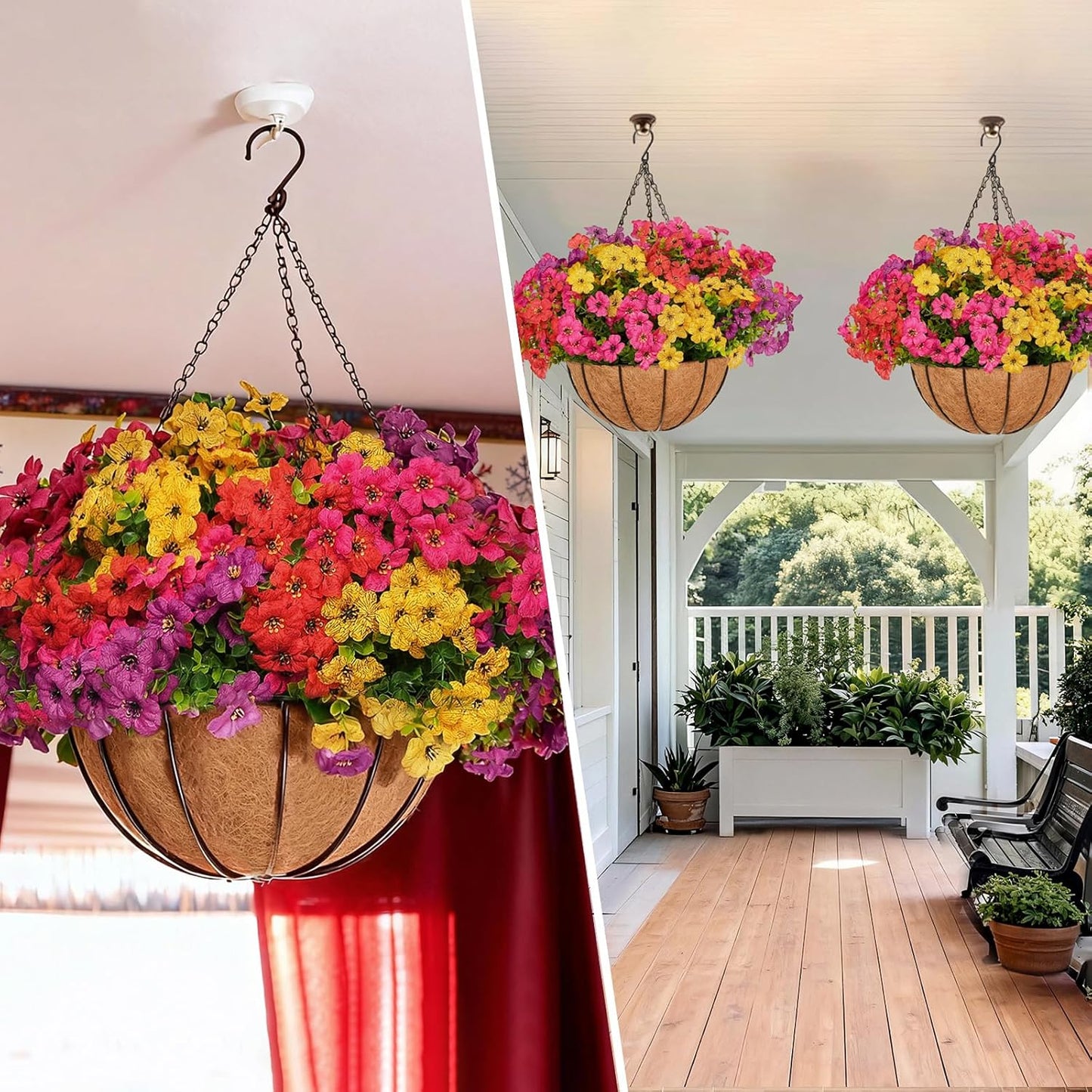 2 Set Artificial Hanging Flowers with Basket for Outdoor Spring Summer Decor, 2 Hanging Planters with 24 Pcs Silk Daisy Flowers for Garden Porch Patio Balcony Decoration