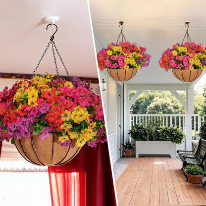 2 Set Artificial Hanging Flowers with Basket for Outdoor Spring Summer Decor, 2 Hanging Planters with 24 Pcs Silk Daisy Flowers for Garden Porch Patio Balcony Decoration