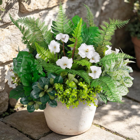 Hrobek Outdoor Faux Plants UV Resistant - 12 Bouquets Realistic Artificial Eucalyptus Fern Lavender Greenery for Patio Garden Front Porch Decor Weatherproof Fake Plants for Outside