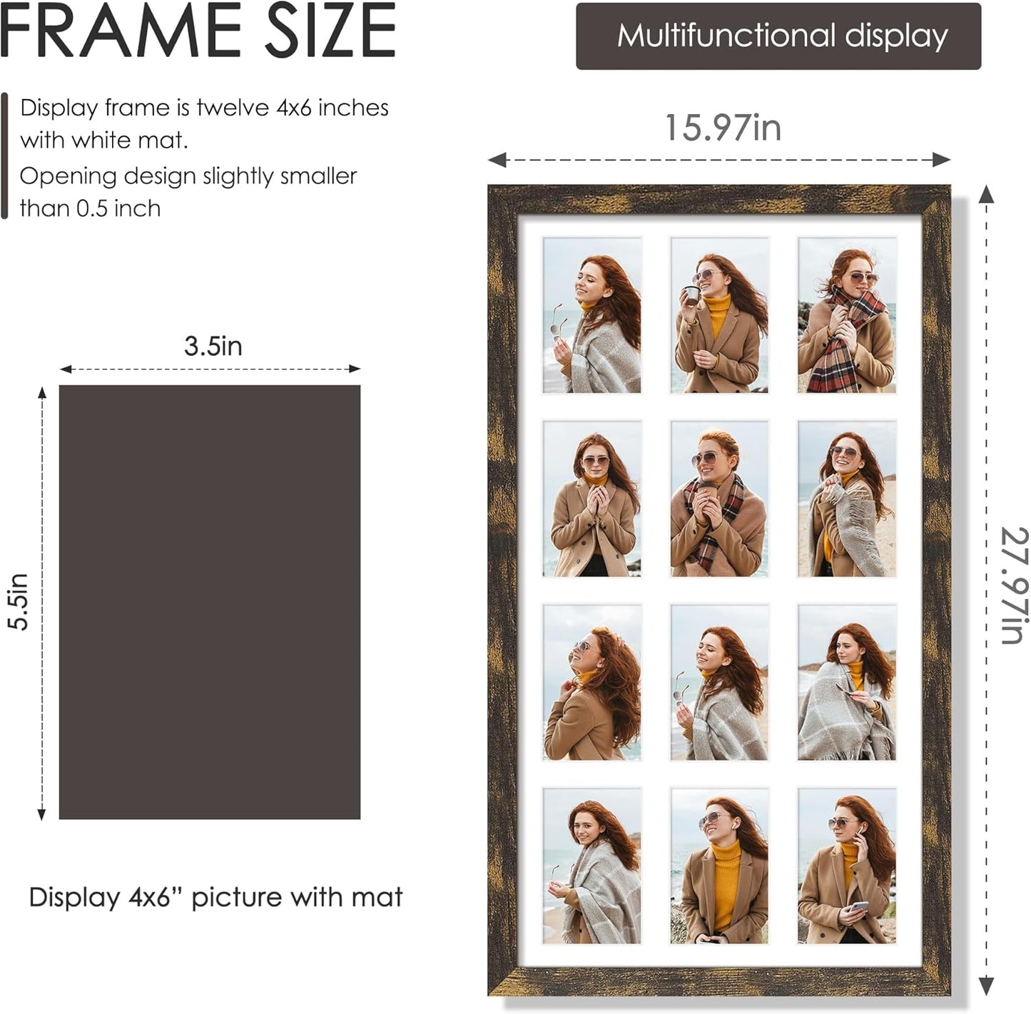 DUENPY 14x26 Collage Picture Frame 4x6 Collage Picture Frame Displays Twelve 4x6 inch Photos Available Horizontal Wall Mounting Display and Vertical Black - Colors B