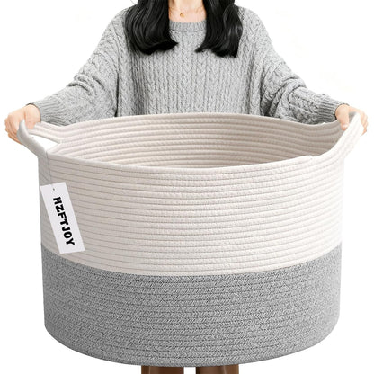 Large Woven Blanket Basket,65L Cotton Rope Laundry Basket Hamper with Handles, Decorative Nursery Basket Storage Bin for Toys, Clothes Organizer, Living Room, Bedroom, Bathroom, White & Brown