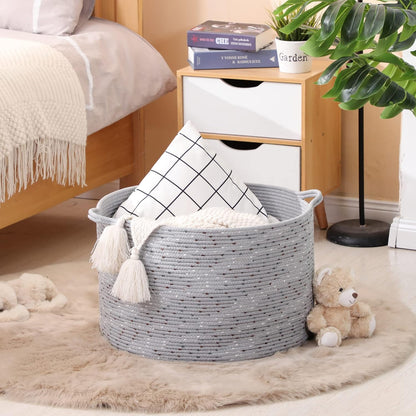 KAKAMAY Large Blanket Basket (20"x13"),Woven Baskets for storage Baby Laundry Hamper, Cotton Rope Blanket Basket for Living Room, Laundry, Nursery, Pillows, Baby Toy chest (White/Brown)