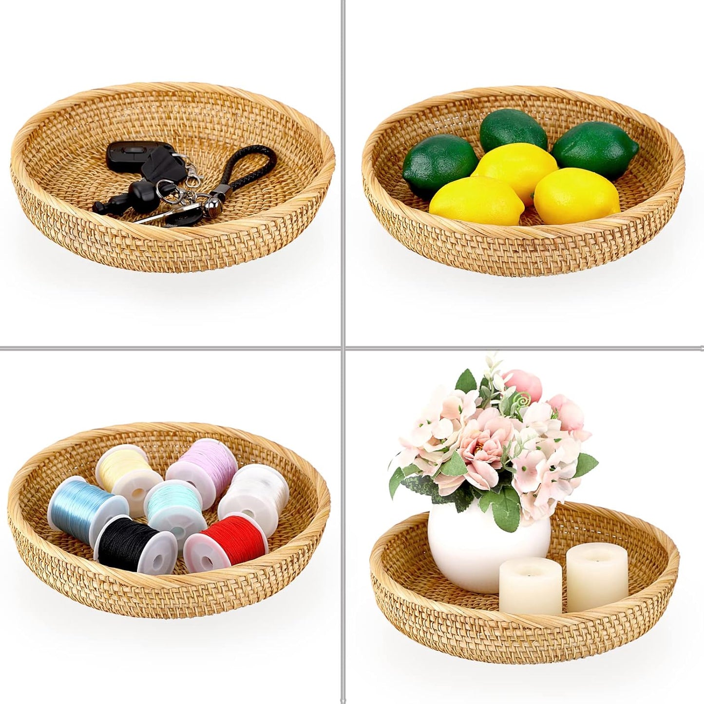 Hipiwe Small Key Basket Bowl for Entryway 7.6" Round Woven Wicker Basket Fruit Serving Tray Woven Basket Wall Decor Rattan Organizer Basket for Keys, Wallet,Whitewash