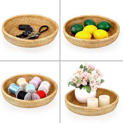 Hipiwe Small Key Basket Bowl for Entryway 7.6" Round Woven Wicker Basket Fruit Serving Tray Woven Basket Wall Decor Rattan Organizer Basket for Keys, Wallet,Whitewash